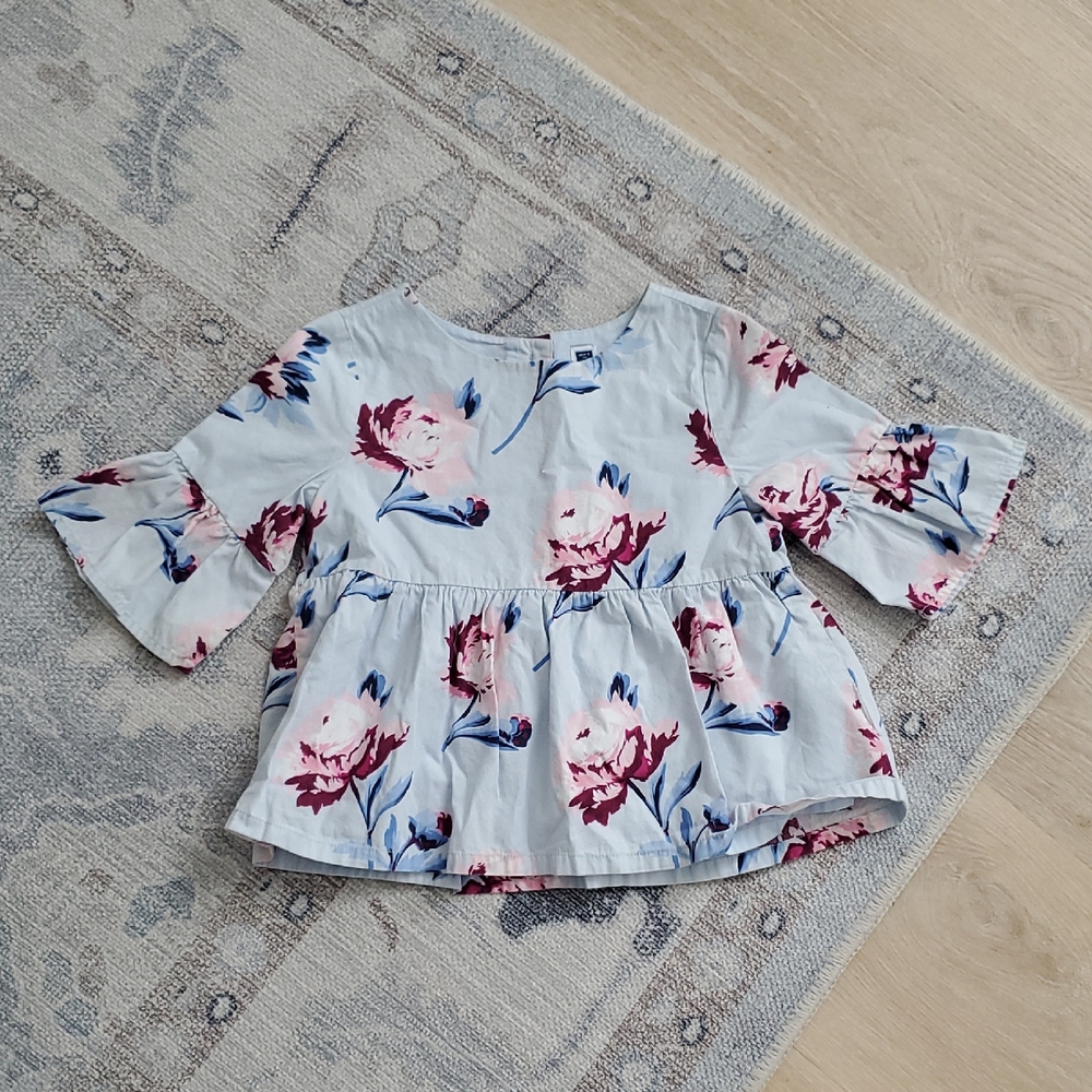 Janie and Jack Girls Bell Sleeve Peplum Top Baby Blue Bloom Floral Shirt Sz6